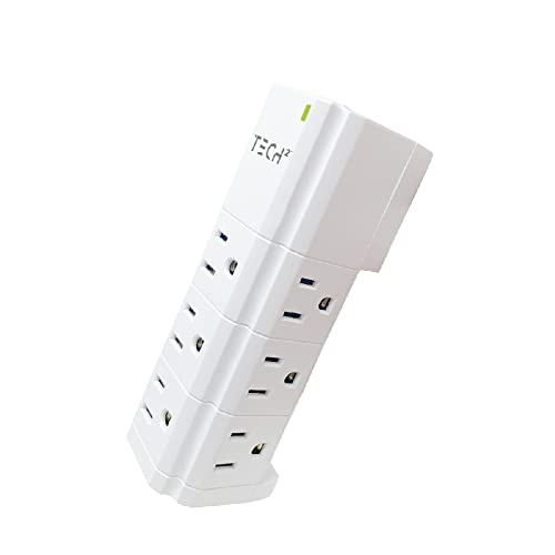 Tech2 Three Sided Surge Protector Power Strip with 9 Outlets & 2 USB Ports, Swivel Base Compact Design Fits in 1 Outlet for Home, School, or Office