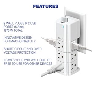 Tech2 Three Sided Surge Protector Power Strip with 9 Outlets & 2 USB Ports, Swivel Base Compact Design Fits in 1 Outlet for Home, School, or Office