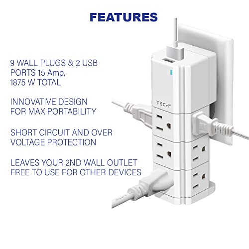 Tech2 Three Sided Surge Protector Power Strip with 9 Outlets & 2 USB Ports, Swivel Base Compact Design Fits in 1 Outlet for Home, School, or Office