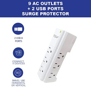 Tech2 Three Sided Surge Protector Power Strip with 9 Outlets & 2 USB Ports, Swivel Base Compact Design Fits in 1 Outlet for Home, School, or Office