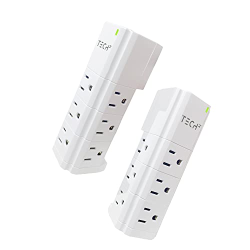 Tech2 Three Sided Surge Protector Power Strip with 9 Outlets & 2 USB Ports, Swivel Base Compact Design Fits in 1 Outlet for Home, School, or Office