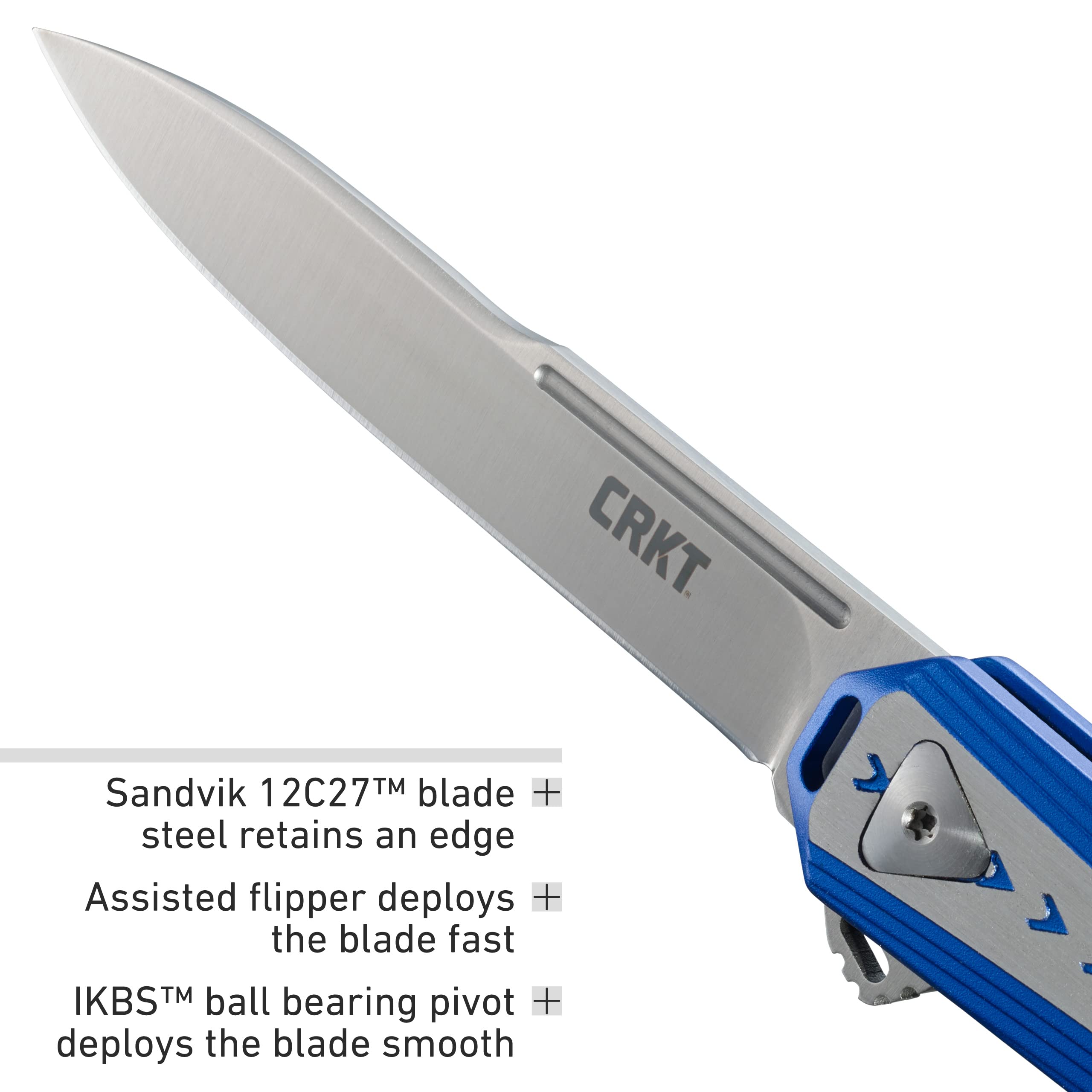Columbia River Knife & Tool Stickler Folding Pocket Knife: Assisted Open Everyday Carry, Sandvik 12C27 Plain Edge Blade, Liner Lock, Aluminum Handle 6710, Blue & silver
