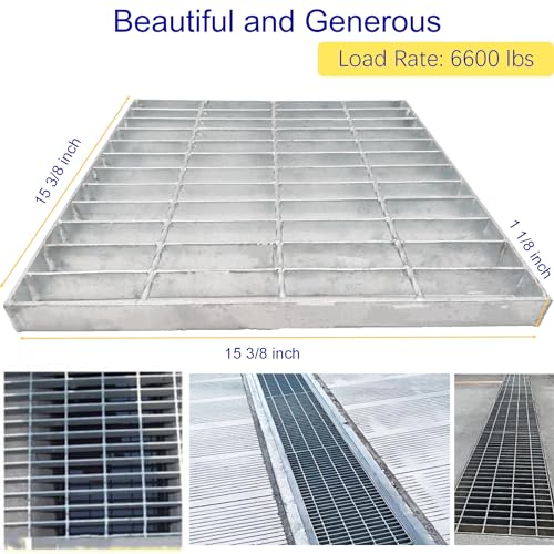 MOSINSBO Outdoor Drain Cover, 16x16 Galvanized Steel Drain Grate, B125 Class Sewer Grate, Durable Heavy Duty Channel Grate, Sliver Square Drainage Grate (15.4”x15.4”)