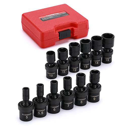 CASOMAN 1/4-Inch Drive Shallow Universal Impact Socket Set, Metric, 12 Pieces Set, 5mm to 15mm, 6-Point, Cr-Mo, Swivel Socket