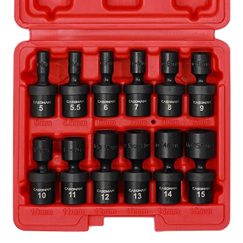 CASOMAN 1/4-Inch Drive Shallow Universal Impact Socket Set, Metric, 12 Pieces Set, 5mm to 15mm, 6-Point, Cr-Mo, Swivel Socket