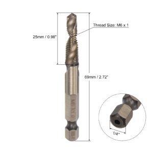 uxcell Combination Drill and Tap Bit, 1/4" Hex Shank M6 x 1 Metric Titanium Coated High Speed Steel 6542 Spiral Flute Drilling Tapping Tool