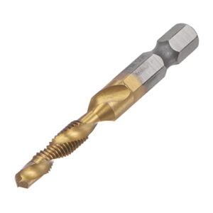 uxcell combination drill and tap bit, 1/4" hex shank m5 x 0.8 metric titanium coated high speed steel 4341 spiral flute drilling tapping tool