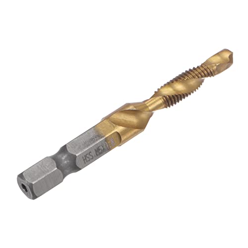 uxcell Combination Drill and Tap Bit, 1/4" Hex Shank M5 x 0.8 Metric Titanium Coated High Speed Steel 4341 Spiral Flute Drilling Tapping Tool