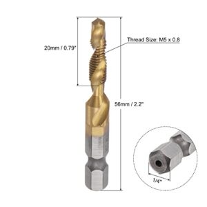 uxcell Combination Drill and Tap Bit, 1/4" Hex Shank M5 x 0.8 Metric Titanium Coated High Speed Steel 4341 Spiral Flute Drilling Tapping Tool