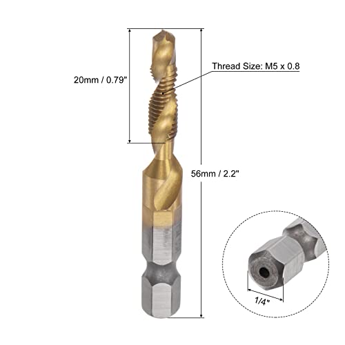 uxcell Combination Drill and Tap Bit, 1/4" Hex Shank M5 x 0.8 Metric Titanium Coated High Speed Steel 4341 Spiral Flute Drilling Tapping Tool