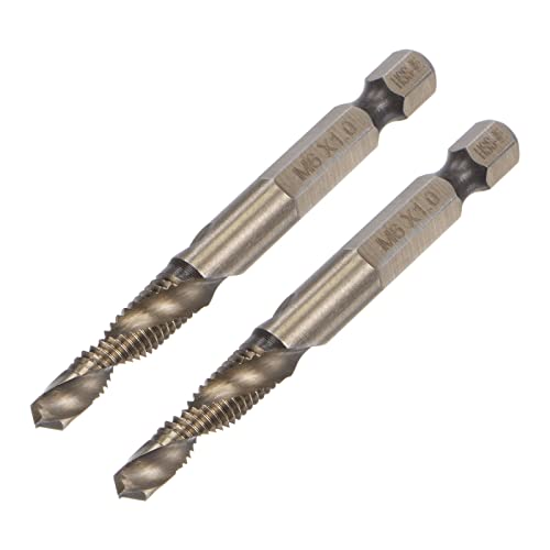 uxcell Combination Drill and Tap Bit, 1/4" Hex Shank M6 x 1 Metric Titanium Coated High Speed Steel 6542 Spiral Flute Drilling Tapping Tool 2pcs