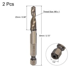 uxcell Combination Drill and Tap Bit, 1/4" Hex Shank M6 x 1 Metric Titanium Coated High Speed Steel 6542 Spiral Flute Drilling Tapping Tool 2pcs