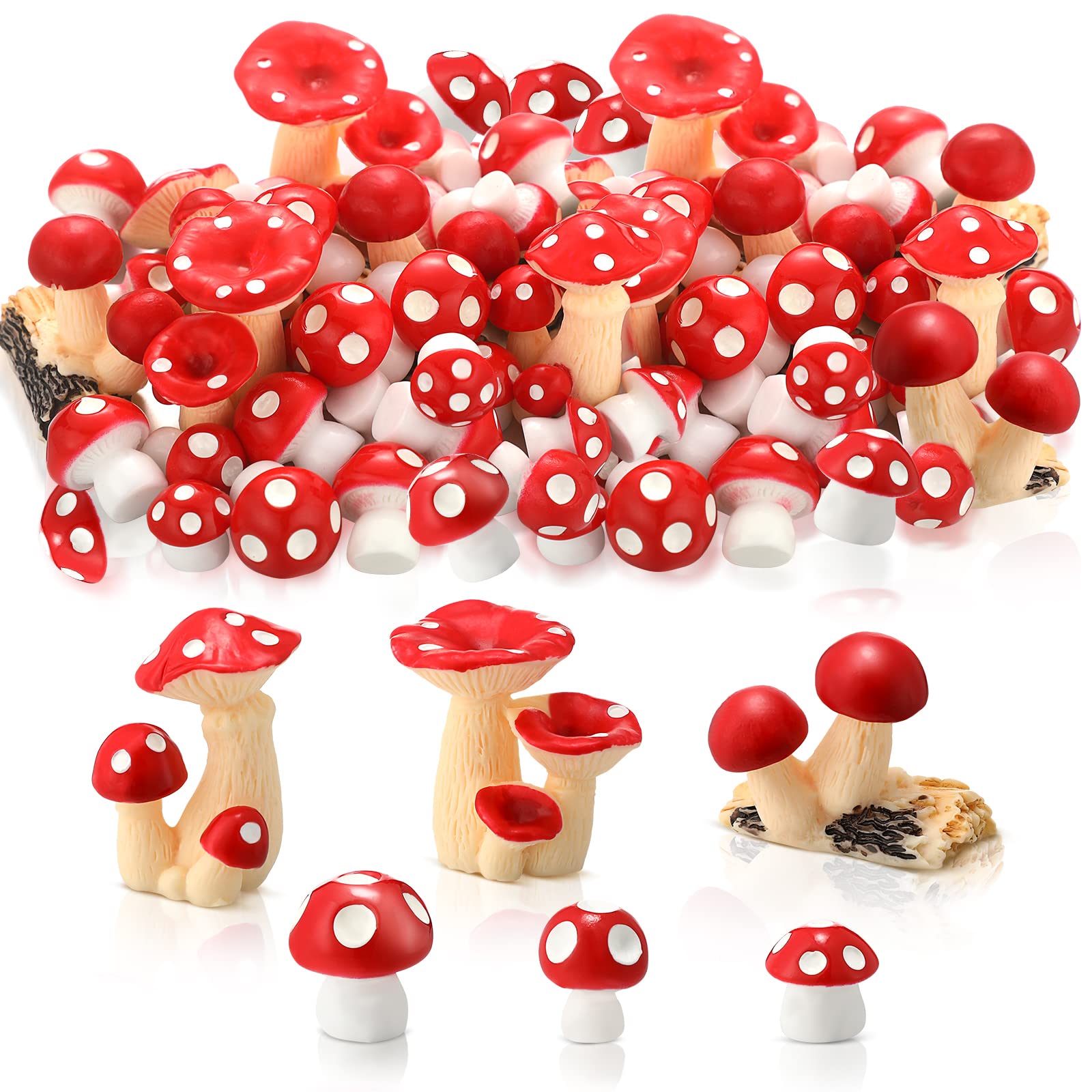 Yulejo 120 Pcs Cute Tiny Mushrooms Bulk Mini Miniature Figurines Fairy Mushroom Decor Garden Mushroom Statue Mini Mushrooms Ornament for Plant Micro Landscape Bonsai Craft(,Red)