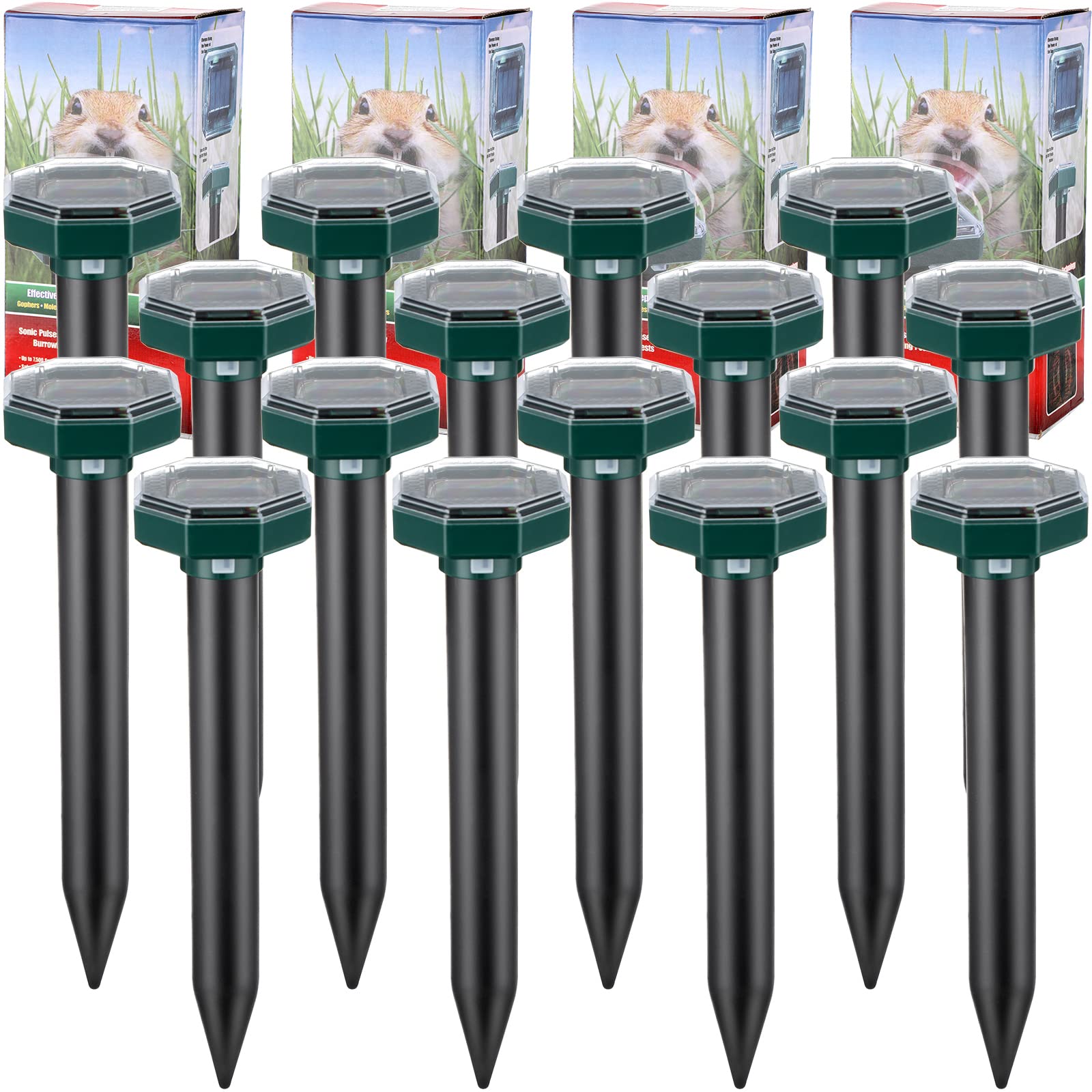 16 Pack Solar Mole Repellent Ultrasonic Gopher Repellent Solar Powered Waterproof Snake Repellent Vole Mole Deterrent Spikes Rodent Mouse Repellent for Outdoor Garden Yard Lawn