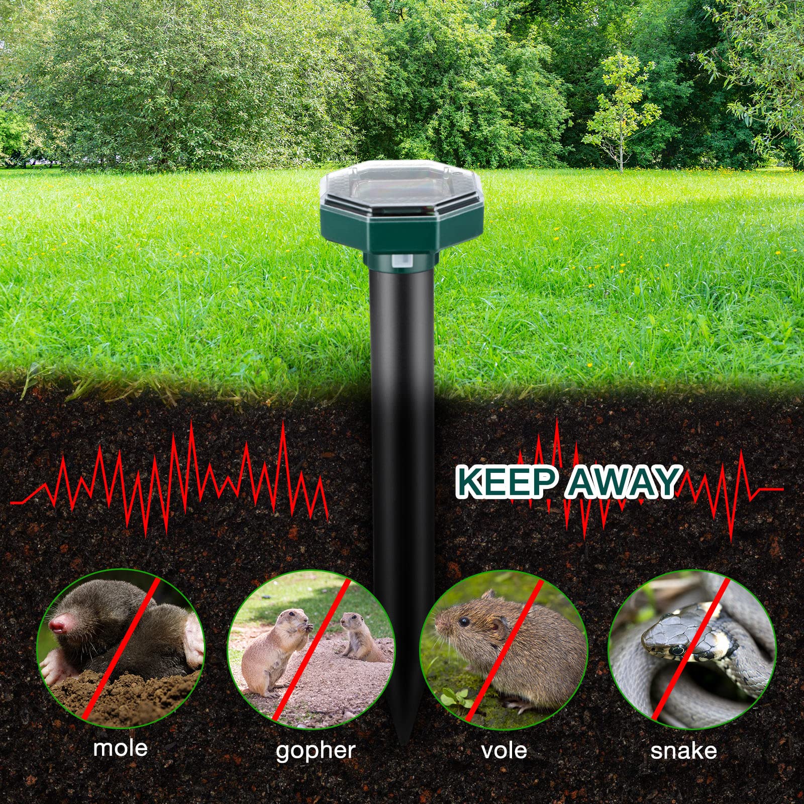 16 Pack Solar Mole Repellent Ultrasonic Gopher Repellent Solar Powered Waterproof Snake Repellent Vole Mole Deterrent Spikes Rodent Mouse Repellent for Outdoor Garden Yard Lawn