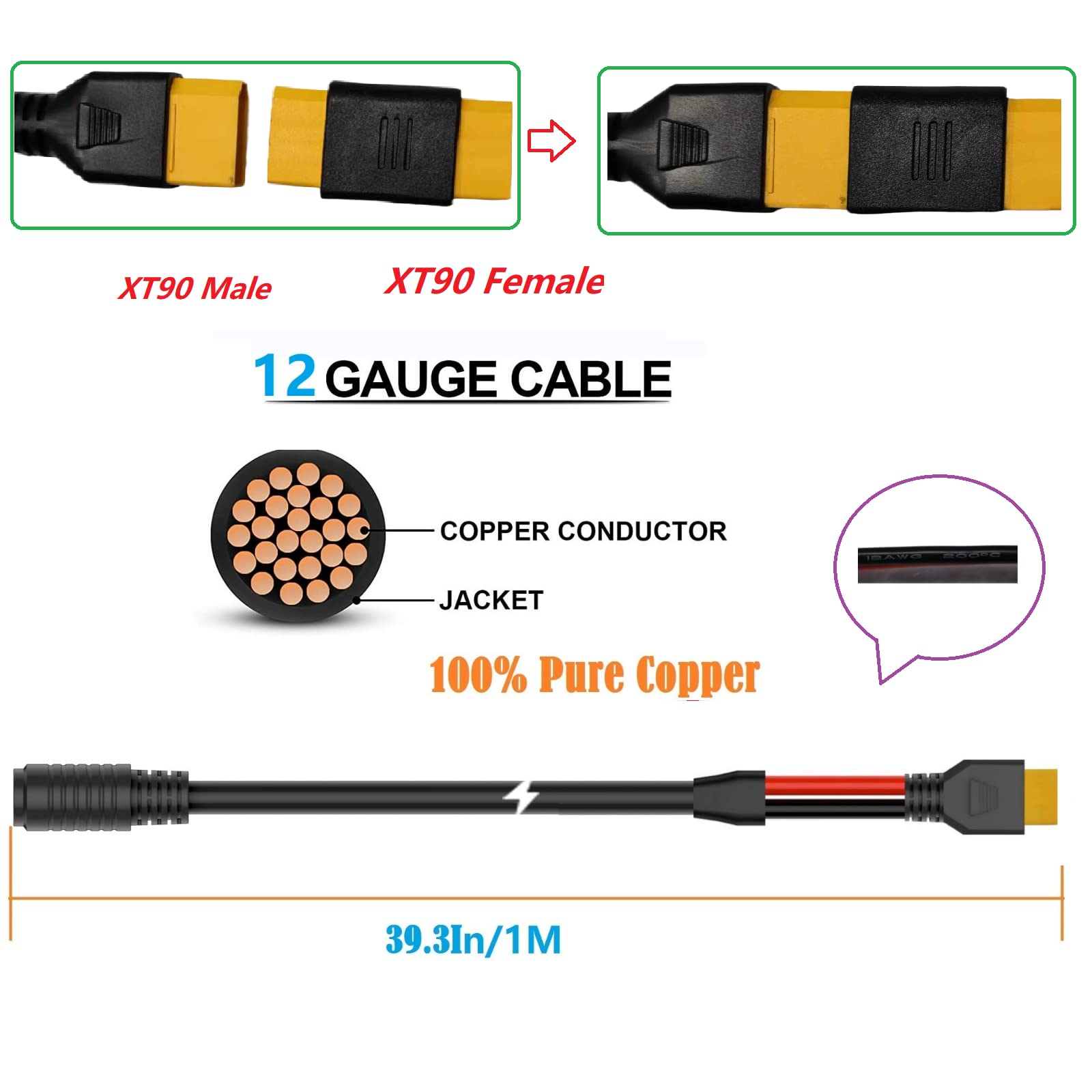 DC 8mm Female ToXT90Male ConnectorsAdapter Connect Solar Panel for Lipo Battery Pack Compatible Portable Power Station and Solar Generator