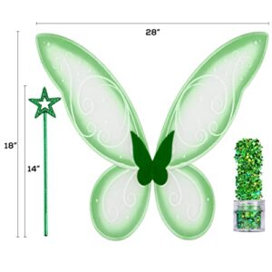 Funcredible Fairy Costume Accessories - Green Fairy Wings and Fairy Star Wand, Glitter - Tooth Fairy Cosplay Outfit for Women and Girls