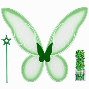 funcredible fairy costume accessories - green fairy wings and fairy star wand, glitter - tooth fairy cosplay outfit for women and girls