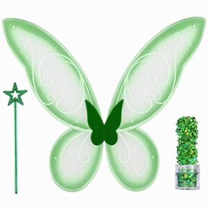 Funcredible Fairy Costume Accessories - Green Fairy Wings and Fairy Star Wand, Glitter - Tooth Fairy Cosplay Outfit for Women and Girls