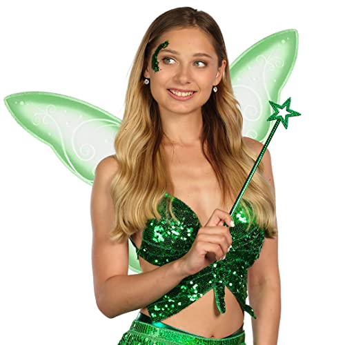 Funcredible Fairy Costume Accessories - Green Fairy Wings and Fairy Star Wand, Glitter - Tooth Fairy Cosplay Outfit for Women and Girls