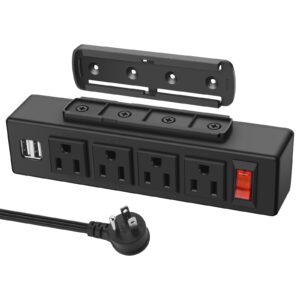 hhsoet under desk power strip with 4 outlets and usb ports, under desktop charging outlet station, on desk mount plug with 3m adhesive, underneath table mountable power outlet with 6 ft cord. (black)