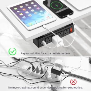 HHSOET Under Desk Power Strip with 4 Outlets and USB Ports, Under Desktop Charging Outlet Station, on Desk Mount Plug with 3M Adhesive, Underneath Table Mountable Power Outlet with 6 FT Cord. (Black)