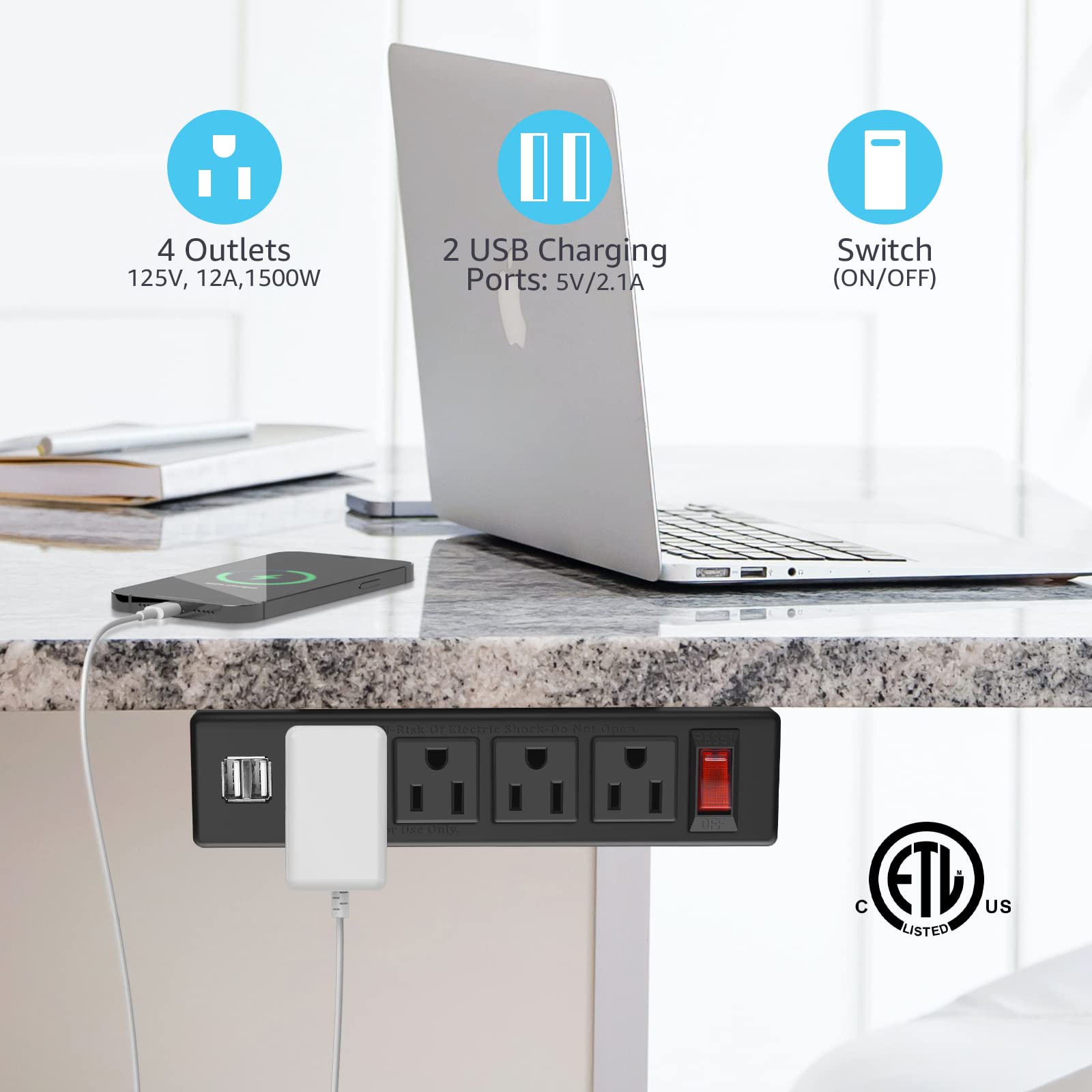 HHSOET Under Desk Power Strip with 4 Outlets and USB Ports, Under Desktop Charging Outlet Station, on Desk Mount Plug with 3M Adhesive, Underneath Table Mountable Power Outlet with 6 FT Cord. (Black)