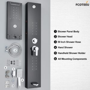 FCOTEEU Shower Panel Tower System with LED Rainfall Waterfall Head LED Full Body Jets System Handheld Shower Tub Spout Temperature Display Bathroom Shower Unit Column Stainless Steel, Black