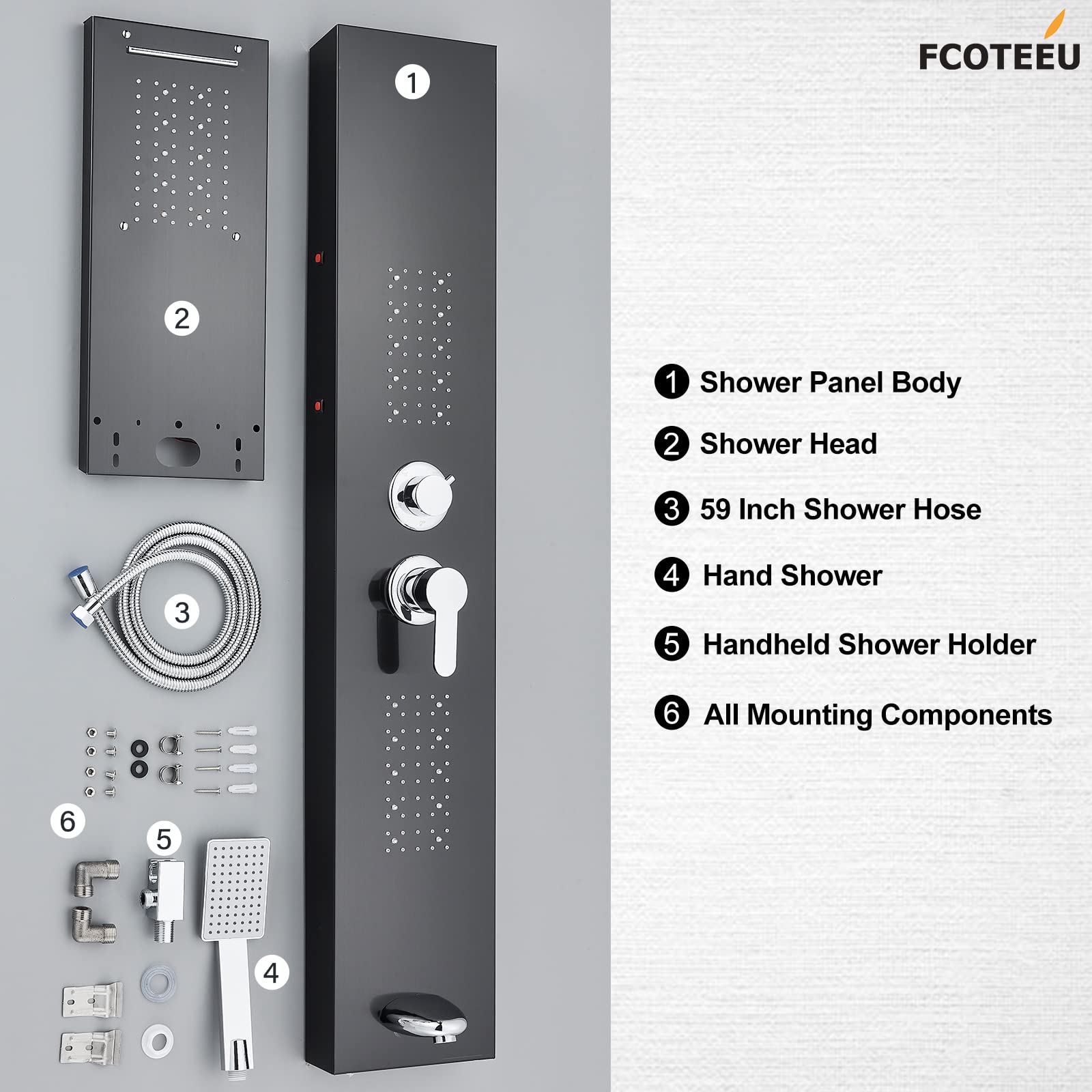 FCOTEEU Shower Panel Tower System with LED Rainfall Waterfall Head LED Full Body Jets System Handheld Shower Tub Spout Temperature Display Bathroom Shower Unit Column Stainless Steel, Black