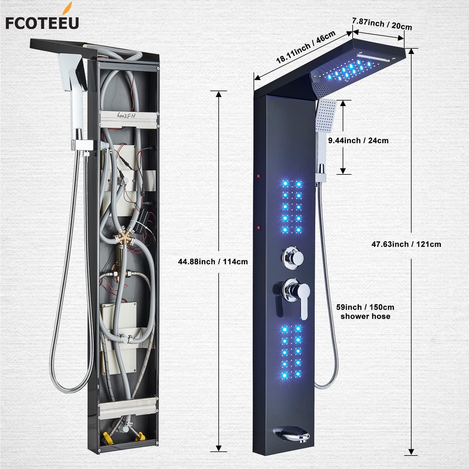 FCOTEEU Shower Panel Tower System with LED Rainfall Waterfall Head LED Full Body Jets System Handheld Shower Tub Spout Temperature Display Bathroom Shower Unit Column Stainless Steel, Black