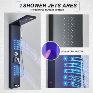 FCOTEEU Shower Panel Tower System with LED Rainfall Waterfall Head LED Full Body Jets System Handheld Shower Tub Spout Temperature Display Bathroom Shower Unit Column Stainless Steel, Black