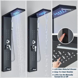 FCOTEEU Shower Panel Tower System with LED Rainfall Waterfall Head LED Full Body Jets System Handheld Shower Tub Spout Temperature Display Bathroom Shower Unit Column Stainless Steel, Black