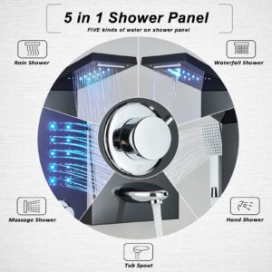 FCOTEEU Shower Panel Tower System with LED Rainfall Waterfall Head LED Full Body Jets System Handheld Shower Tub Spout Temperature Display Bathroom Shower Unit Column Stainless Steel, Black