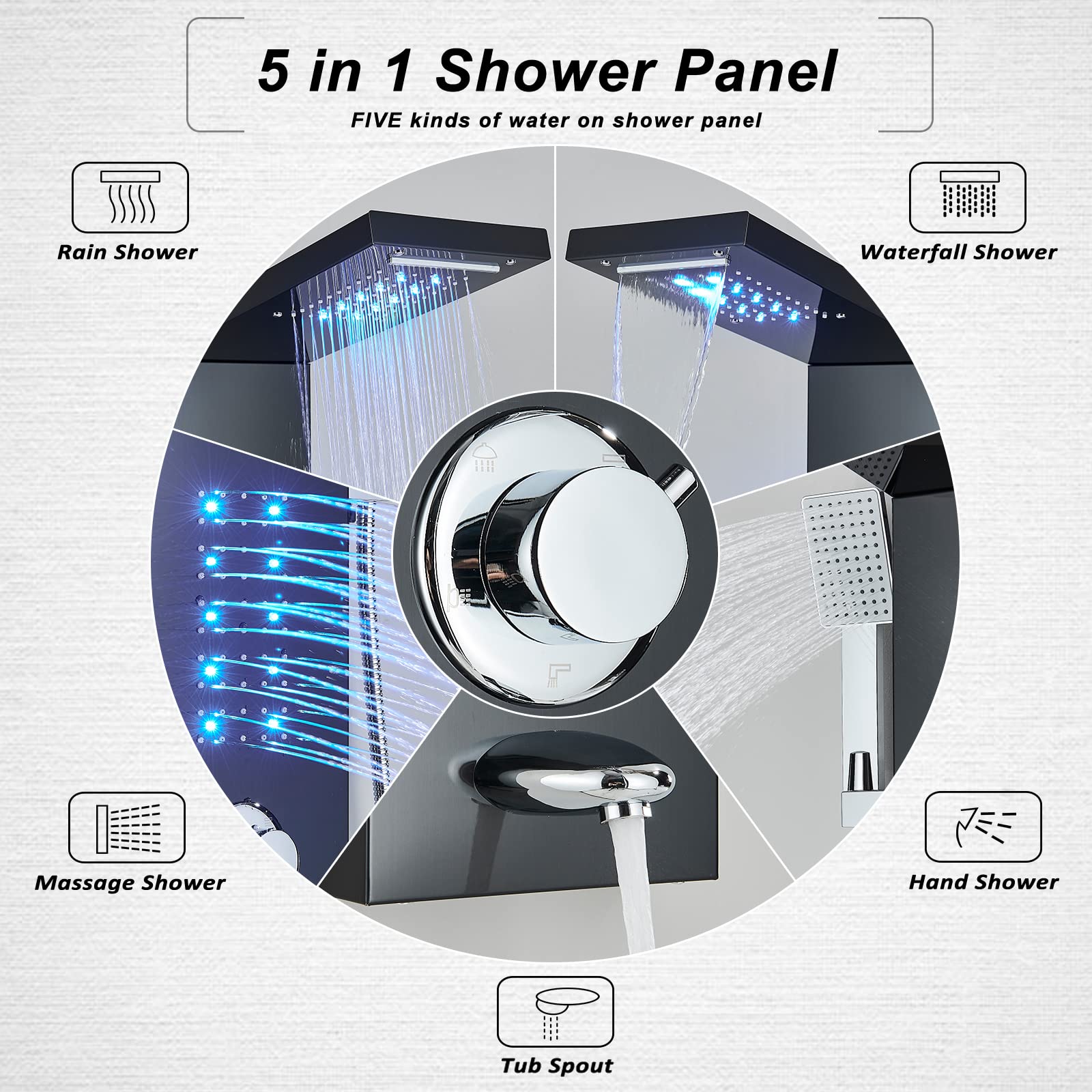 FCOTEEU Shower Panel Tower System with LED Rainfall Waterfall Head LED Full Body Jets System Handheld Shower Tub Spout Temperature Display Bathroom Shower Unit Column Stainless Steel, Black