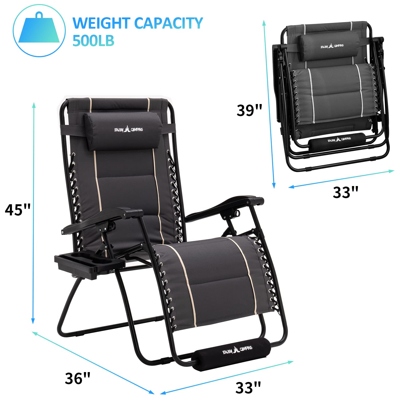 Amopatio Oversized Padded Zero Gravity Chair with Cup Holder, XXL 33" Wide Folding Reclining Lounge Chair with Footrest & Headrest for Indoor and Outdoor, Support 500LBS, Dark Grey