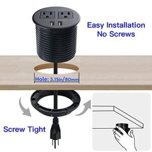 Desk Power Grommet with USB Ports Desktop Outlet Recessed Power Bar for Countertop Sofa Cabinet Conference (Black)
