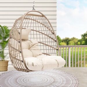 radiata egg chair luxury outdoor patio wicker hanging swing egg chairs with water resistant cushions for patio backyard balcony (beige,without stand)