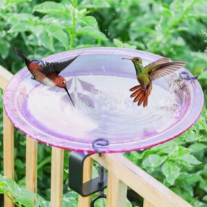 mumtop deck mounted bird bath, glass bird baths bowl spa with adjustable sturdy steel clamp for outdoor garden patio lawn yard deck railing decoration, purple