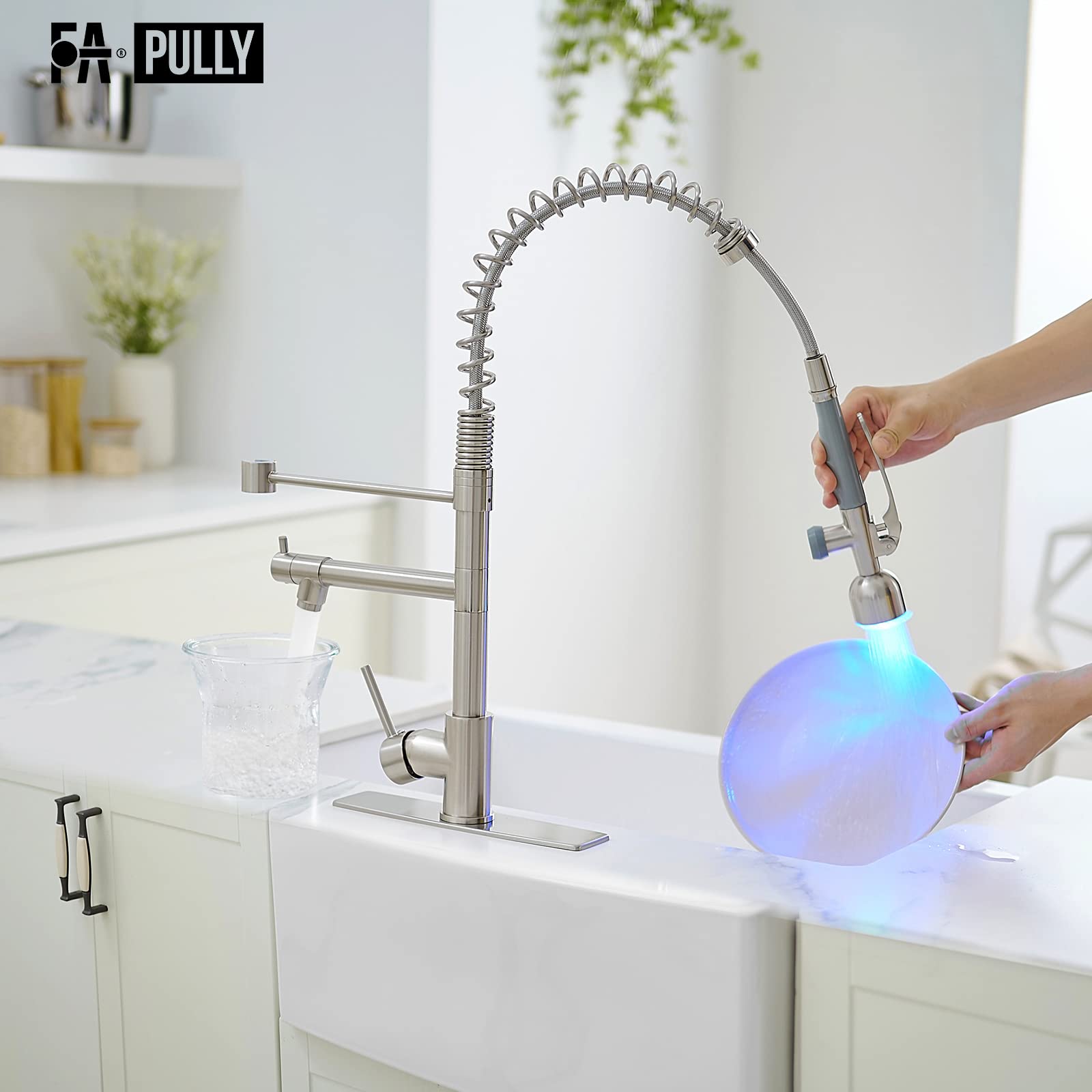 Fapully LED Kitchen Sink Faucet,Kitchen Faucet with Pull Down Sprayer Include Hole Cover Brushed Nickel