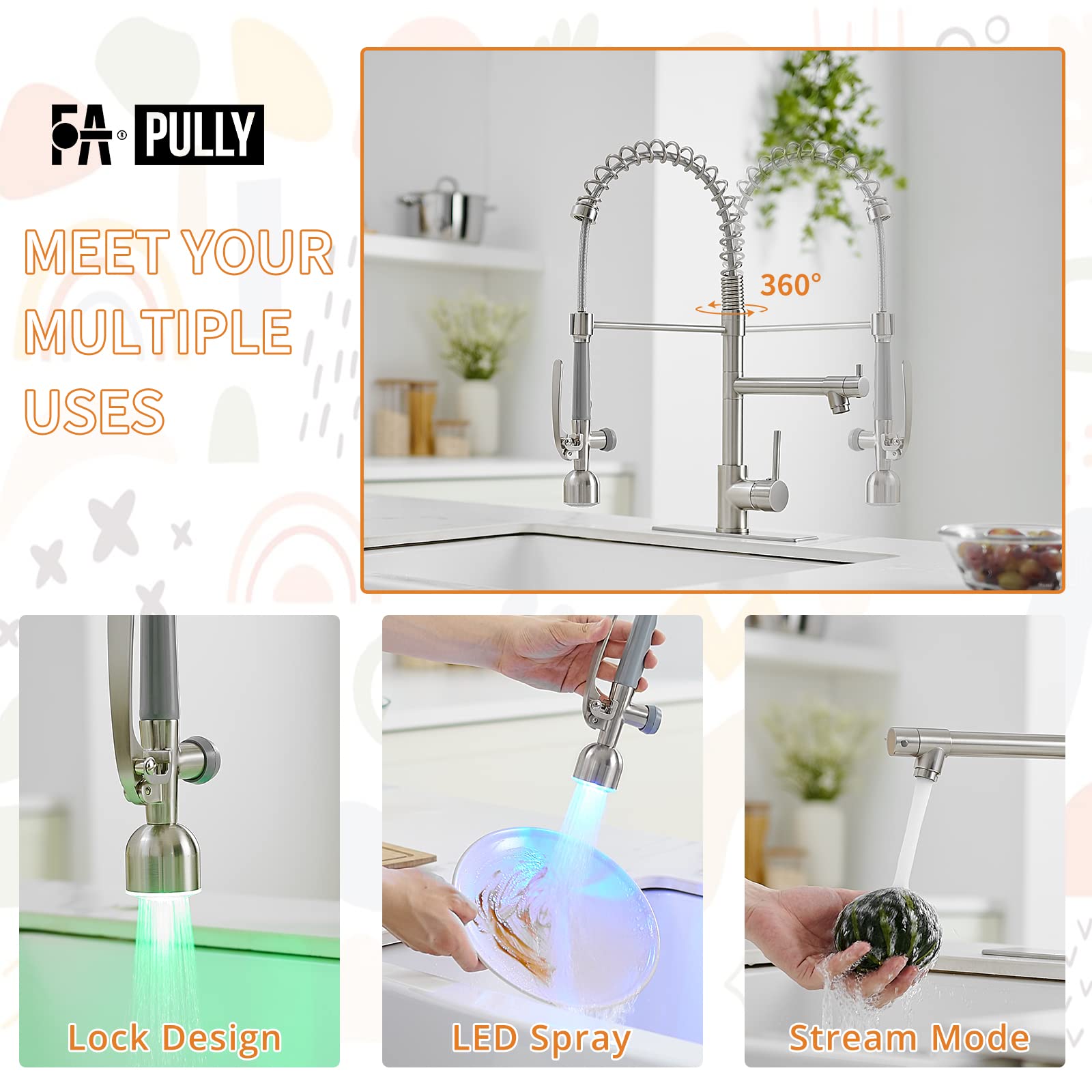 Fapully LED Kitchen Sink Faucet,Kitchen Faucet with Pull Down Sprayer Include Hole Cover Brushed Nickel