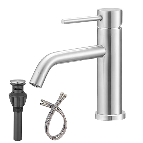 BATHLAVISH Bathroom Sink Faucet Brushed Nickel Single Hole Single Handle Modern Vanity Lavatory Mixer Tap RV Deck Mounted with Pop Up Drain with Overflow Combo