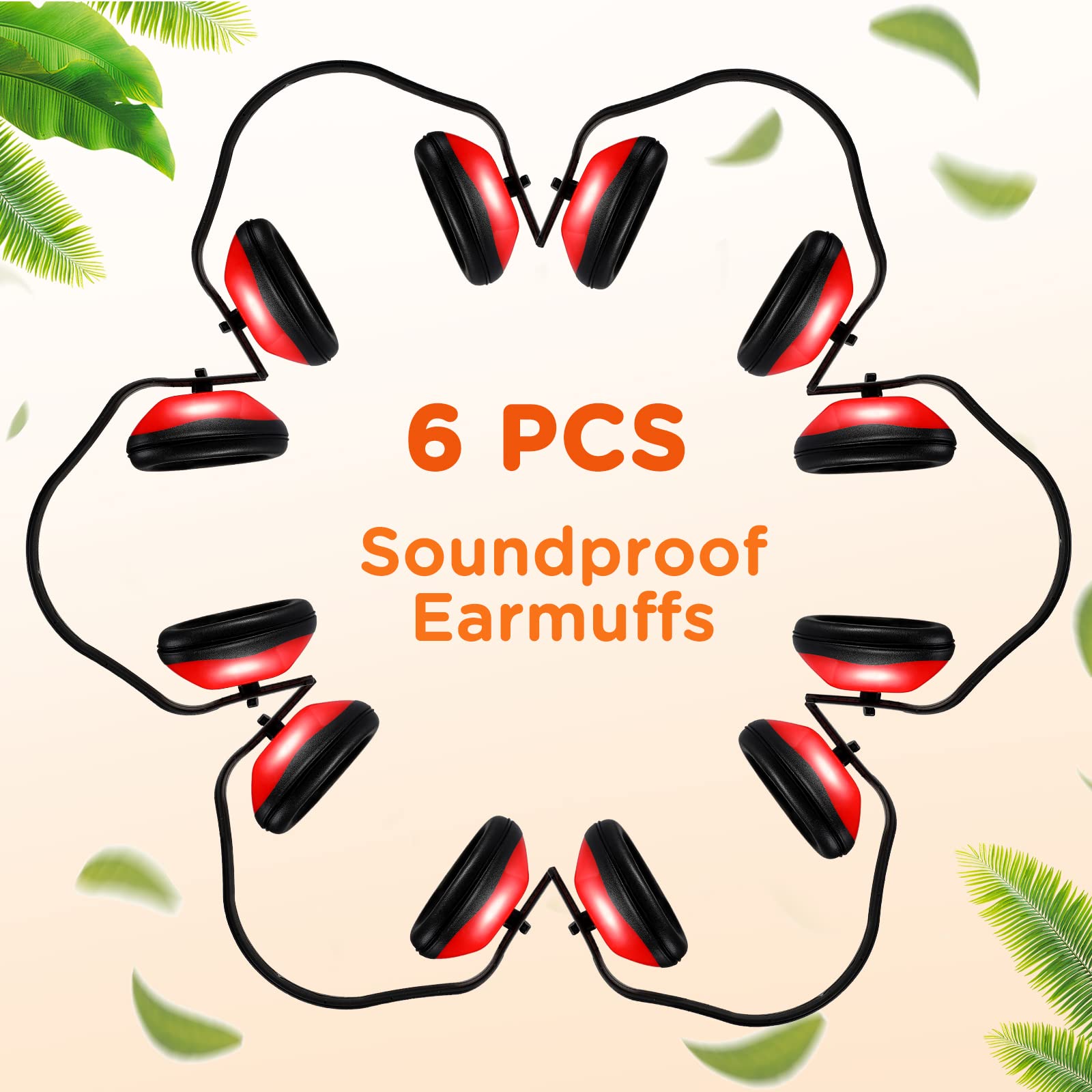 Maitys 6 Pcs Soundproof Earmuffs Hearing Protection Headphones Adjustable Padded Defender Noise Reduction Earplug for Kids (Red)