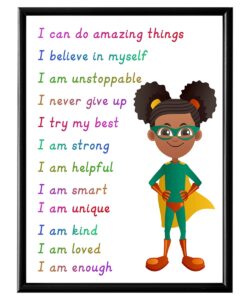 superhero motivational wall art - colorful inspirational wall decor - positive quotes for african american girls room - self affirmation gift for toddler kid children daughter - you are enough print