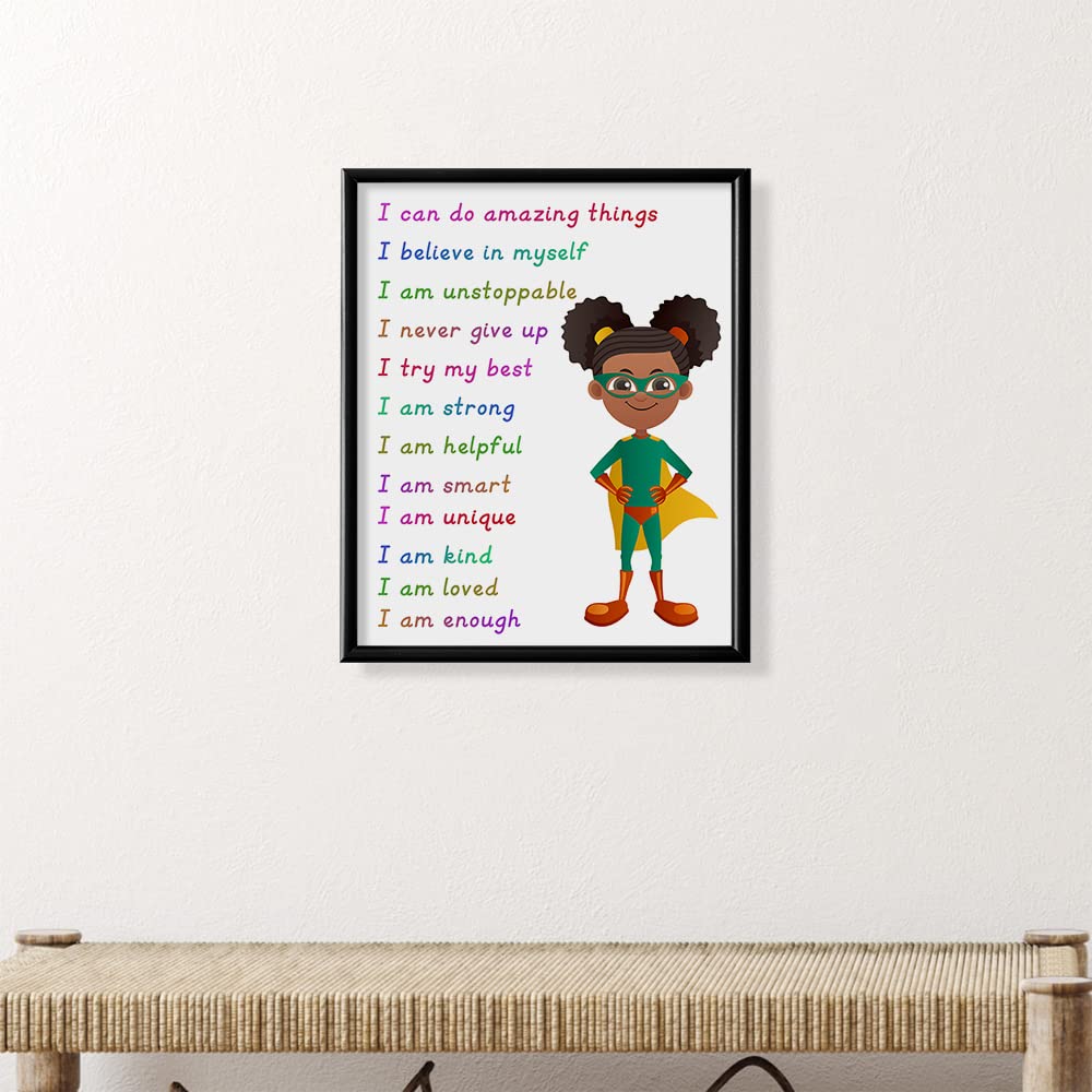 Superhero Motivational Wall Art - Colorful Inspirational Wall Decor - Positive Quotes for African American Girls Room - Self affirmation Gift for Toddler Kid Children Daughter - You Are Enough Print