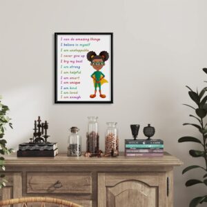 Superhero Motivational Wall Art - Colorful Inspirational Wall Decor - Positive Quotes for African American Girls Room - Self affirmation Gift for Toddler Kid Children Daughter - You Are Enough Print