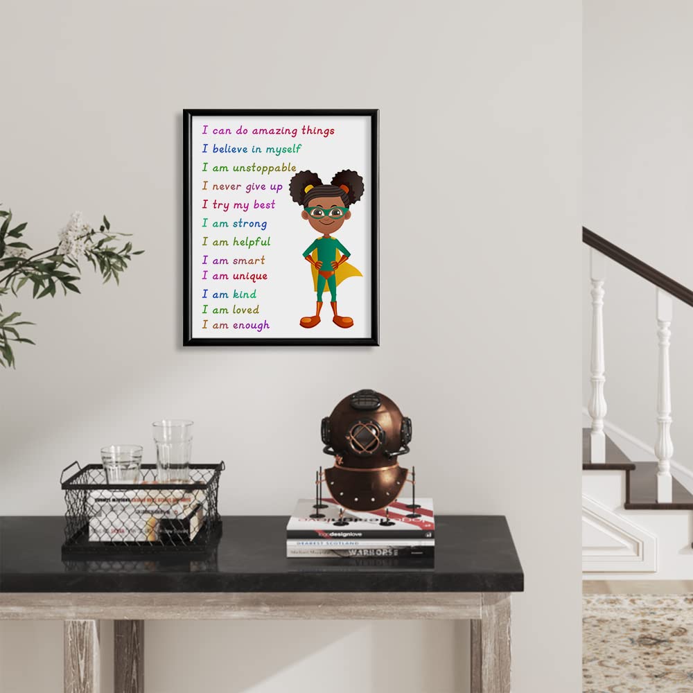 Superhero Motivational Wall Art - Colorful Inspirational Wall Decor - Positive Quotes for African American Girls Room - Self affirmation Gift for Toddler Kid Children Daughter - You Are Enough Print