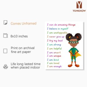 Superhero Motivational Wall Art - Colorful Inspirational Wall Decor - Positive Quotes for African American Girls Room - Self affirmation Gift for Toddler Kid Children Daughter - You Are Enough Print