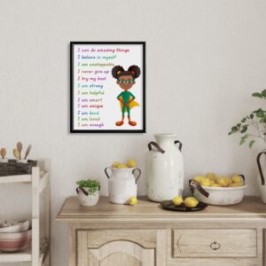 Superhero Motivational Wall Art - Colorful Inspirational Wall Decor - Positive Quotes for African American Girls Room - Self affirmation Gift for Toddler Kid Children Daughter - You Are Enough Print