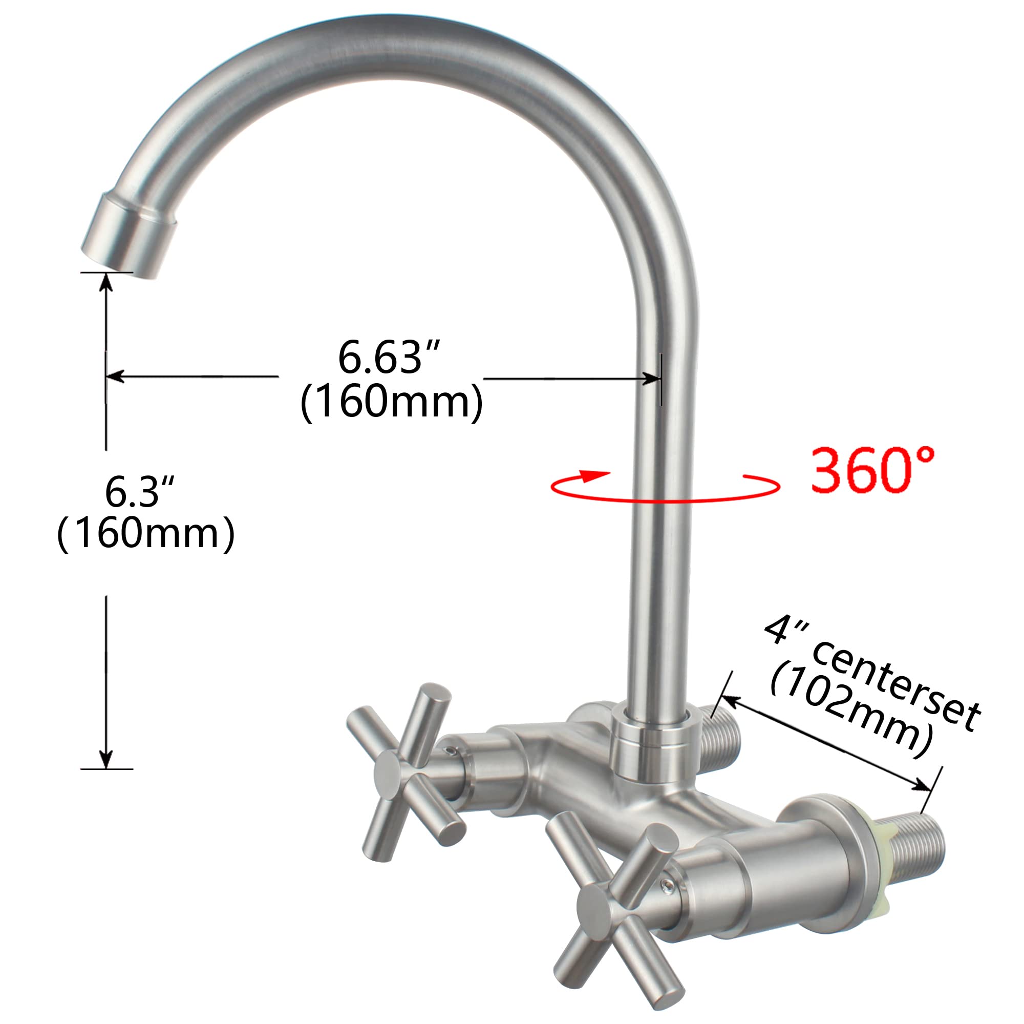 UMANYI Commercial Kitchen Faucets Wall Mount 4 inch Center Stainless Steel Brushed Nickel Utility Laundry Sink Faucet RV Faucet with High Arc Spout 2 Handle SSKF09-3