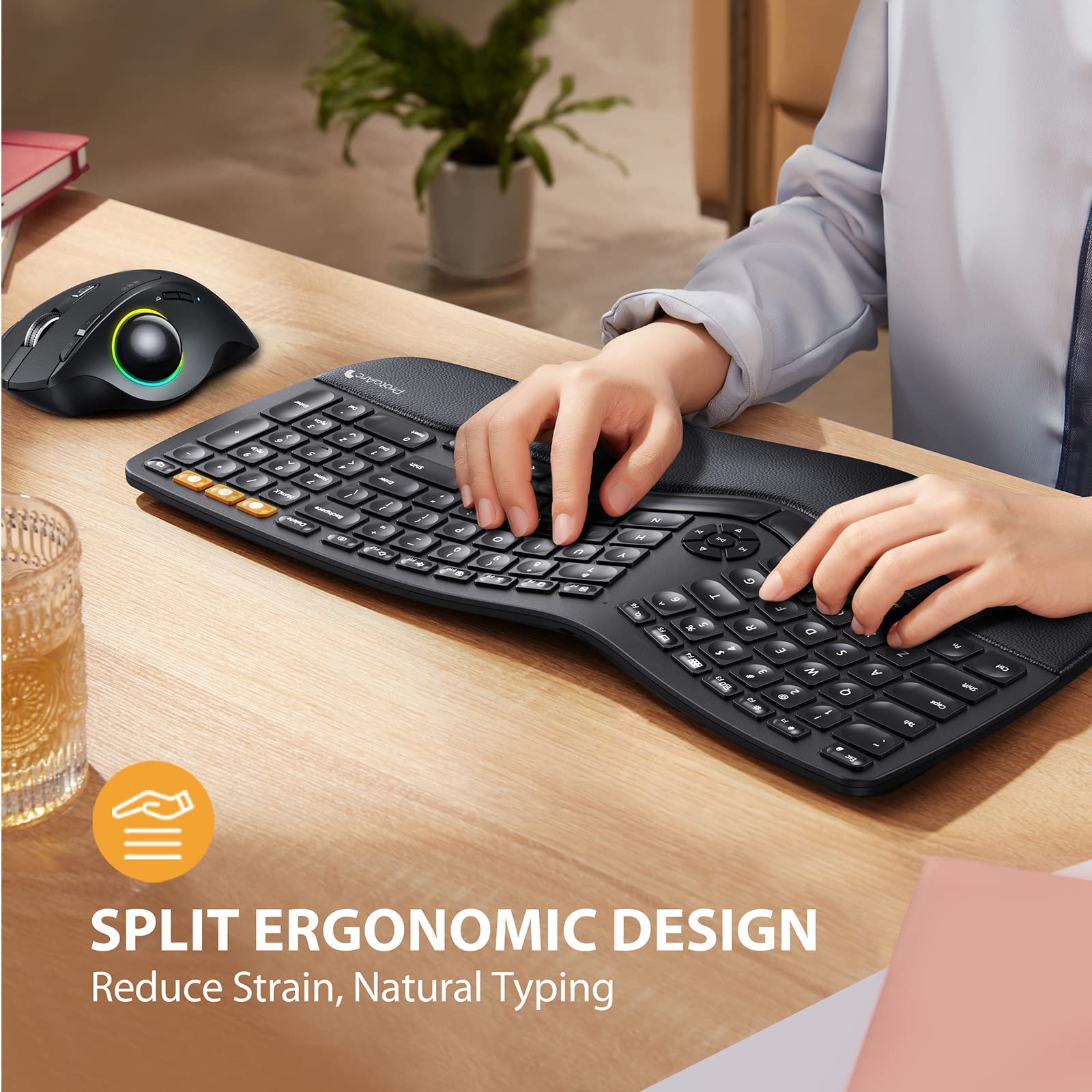ProtoArc Backlit Wireless Ergonomic Keyboard, EK01 Bluetooth Ergo Split Keyboard with Wrist Rest, Natural Typing, Multi-Device, Rechargeable, Windows/Mac/Android